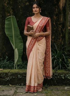 White & red mul cotton ikkat saree 1