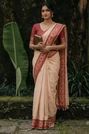 White & red mul cotton ikkat saree