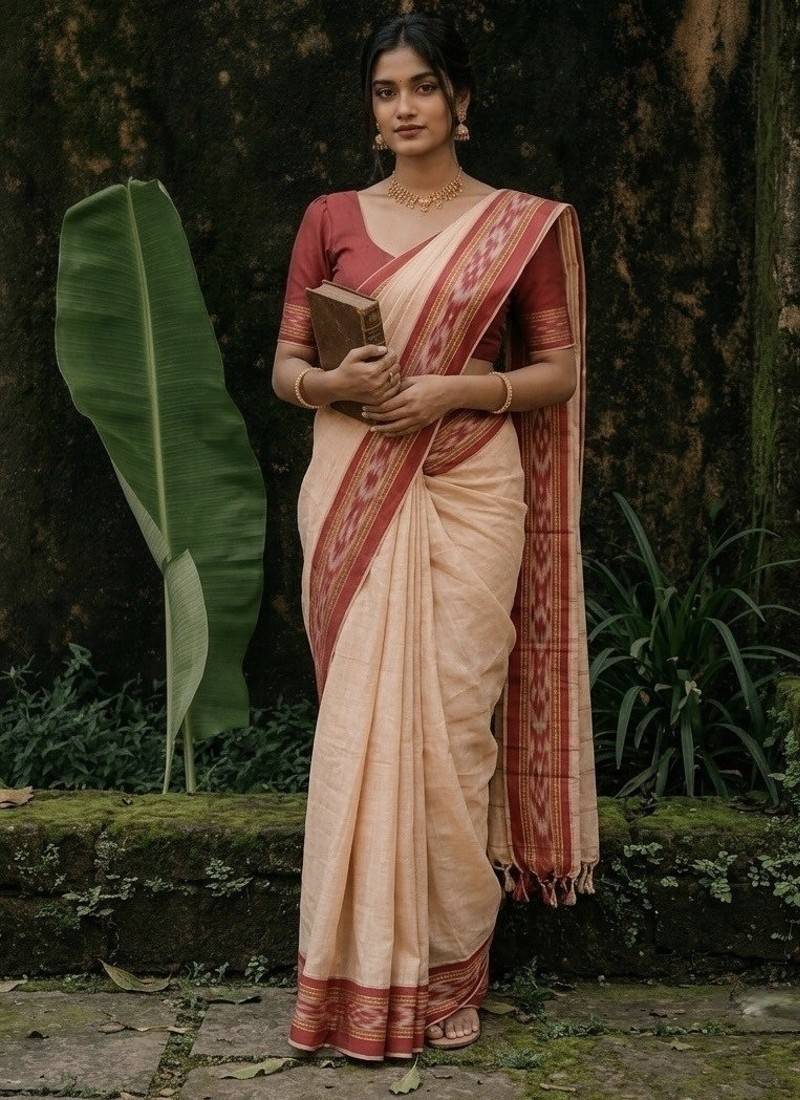 White & red mul cotton ikkat saree