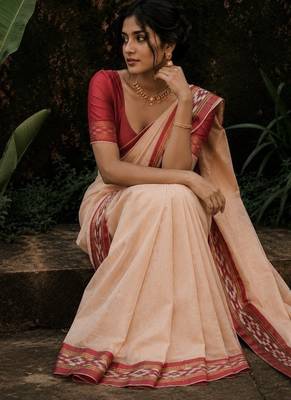 White & red mul cotton ikkat saree 2