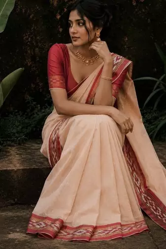 White & red mul cotton ikkat saree