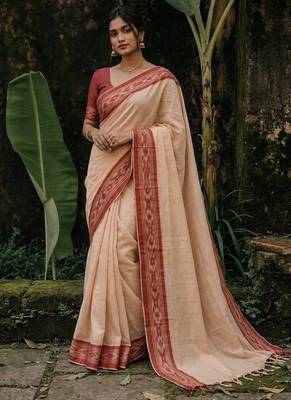White & red mul cotton ikkat saree 3