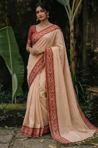 White & red mul cotton ikkat saree