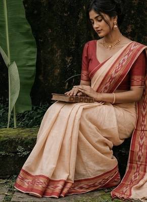 White & red mul cotton ikkat saree 4