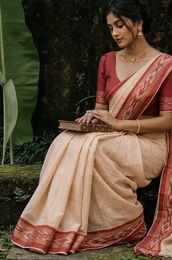 White & red mul cotton ikkat saree