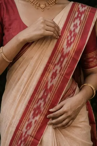 White & red mul cotton ikkat saree