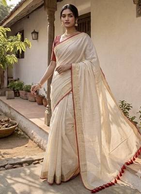 White & red handloom mul cotton saree 1