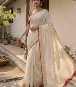 White & red handloom mul cotton saree