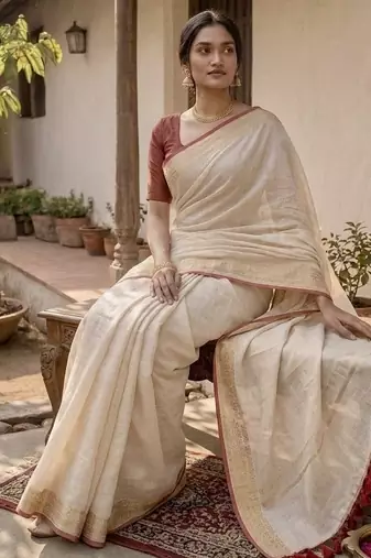 White & red handloom mul cotton saree