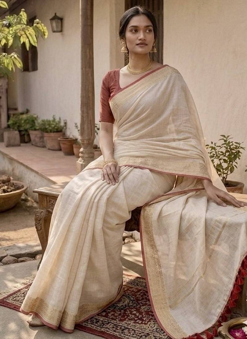 White & red handloom mul cotton saree