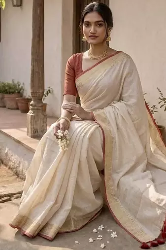 White & red handloom mul cotton saree