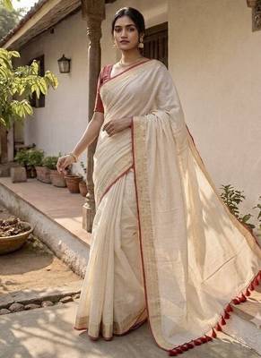 White & red handloom mul cotton saree 4