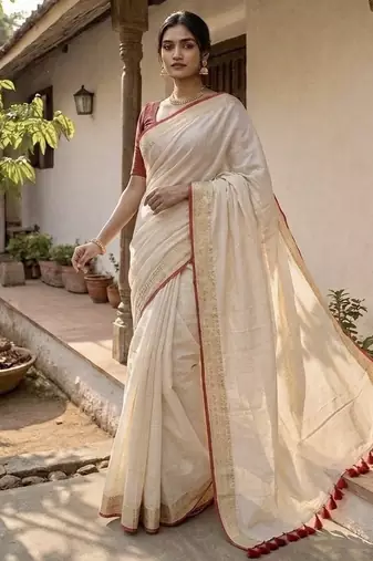 White & red handloom mul cotton saree
