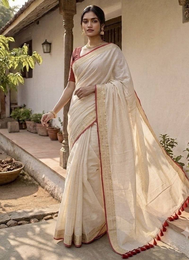 White & red handloom mul cotton saree