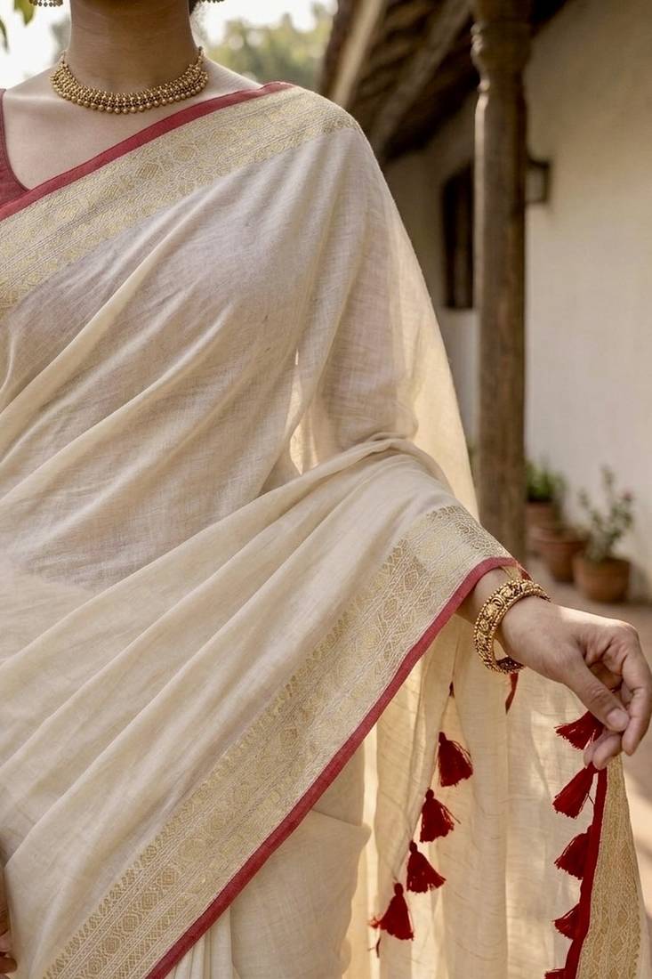 White & red handloom mul cotton saree