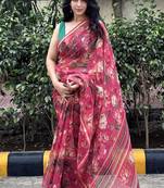 Pink floral chiiffon saree with blouse piece