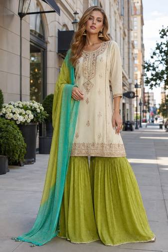 White chinon readymade suit with embroidery & codding work
