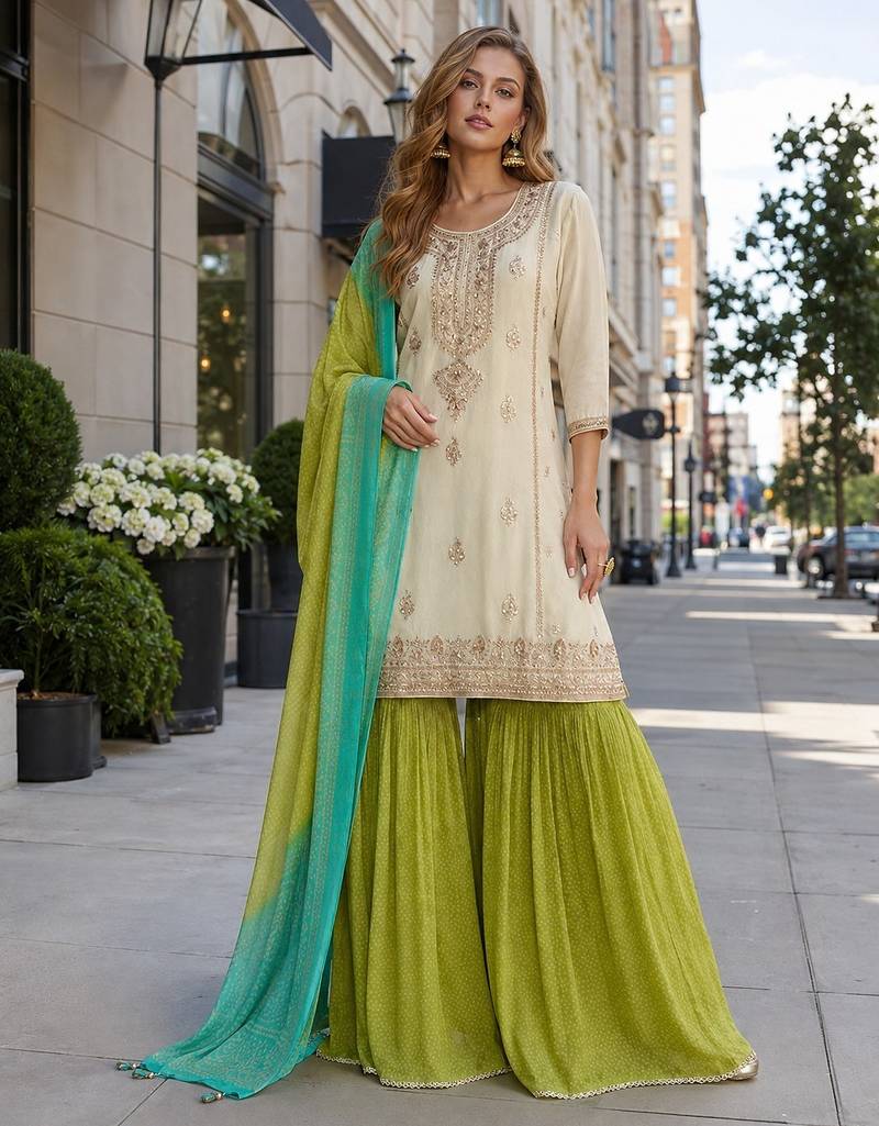White chinon readymade suit with embroidery & codding work