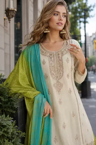 White chinon readymade suit with embroidery & codding work