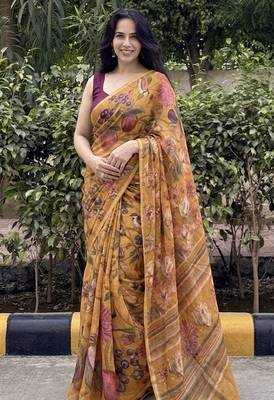 Mustard floral chiffon saree with blouse piece 1