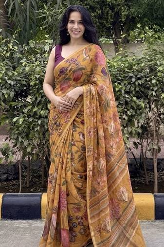 Mustard floral chiffon saree with blouse piece