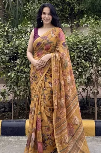 Mustard floral chiffon saree with blouse piece
