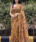 Mustard floral chiffon saree with blouse piece