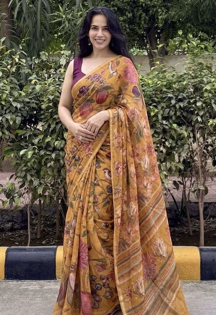 Mustard floral chiffon saree with blouse piece