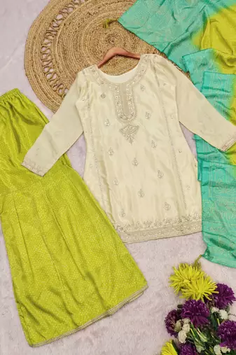 White chinon readymade suit with embroidery & codding work