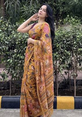 Mustard floral chiffon saree with blouse piece 2