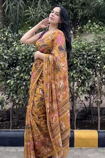 Mustard floral chiffon saree with blouse piece