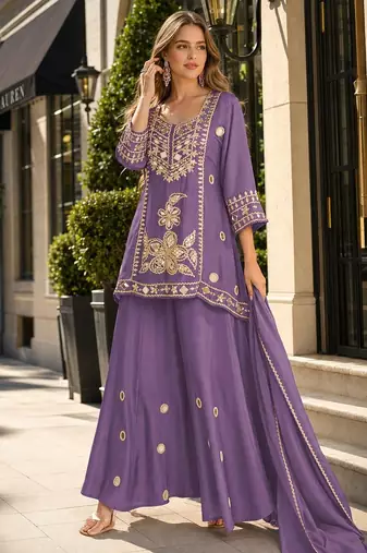 Lavender silk blend readymade suit with mirror & sequence work