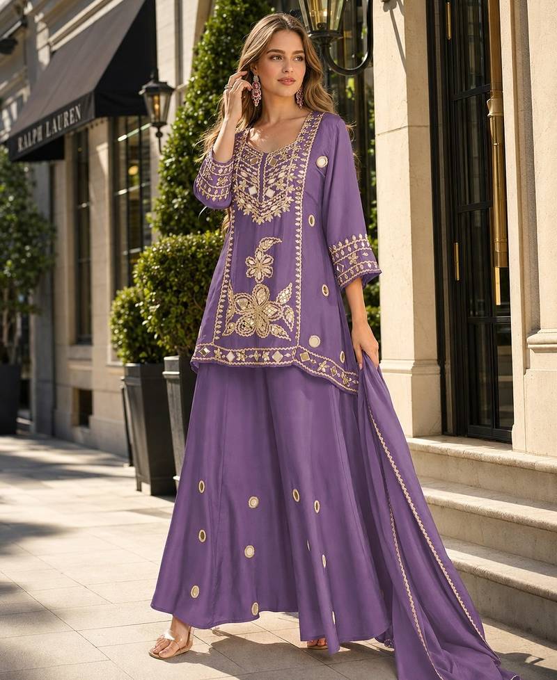 Lavender silk blend readymade suit with mirror & sequence work