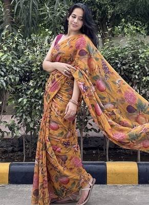 Mustard floral chiffon saree with blouse piece 3