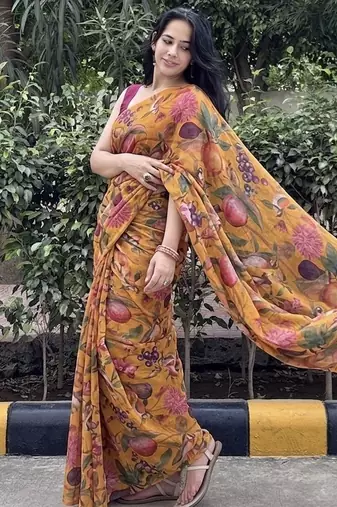 Mustard floral chiffon saree with blouse piece