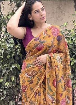 Mustard floral chiffon saree with blouse piece 4