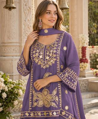 Lavender silk blend readymade suit with mirror & sequence work 2