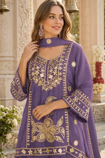 Lavender silk blend readymade suit with mirror & sequence work