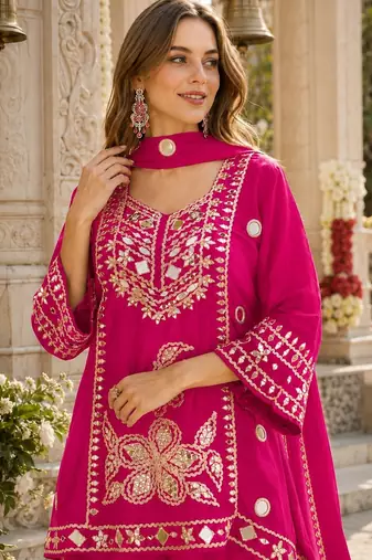 Rani silk blend readymade suit with mirror & sequence work