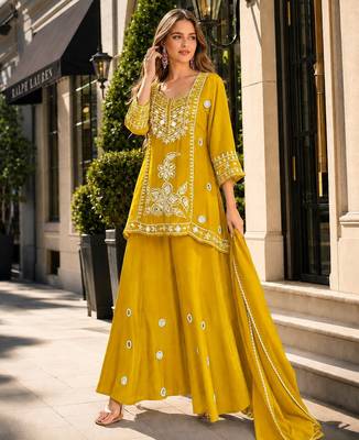 Yellow silk blend readymade suit with mirror & sequence work 1