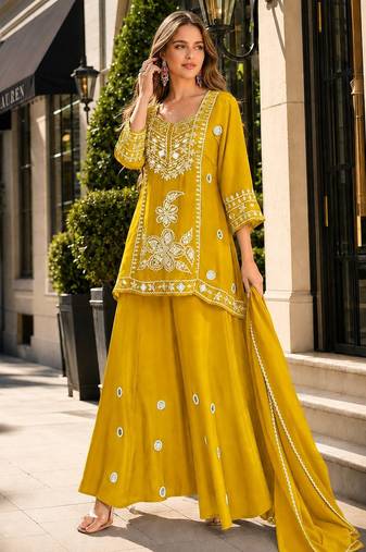 Yellow silk blend readymade suit with mirror & sequence work
