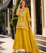 Yellow silk blend readymade suit with mirror & sequence work