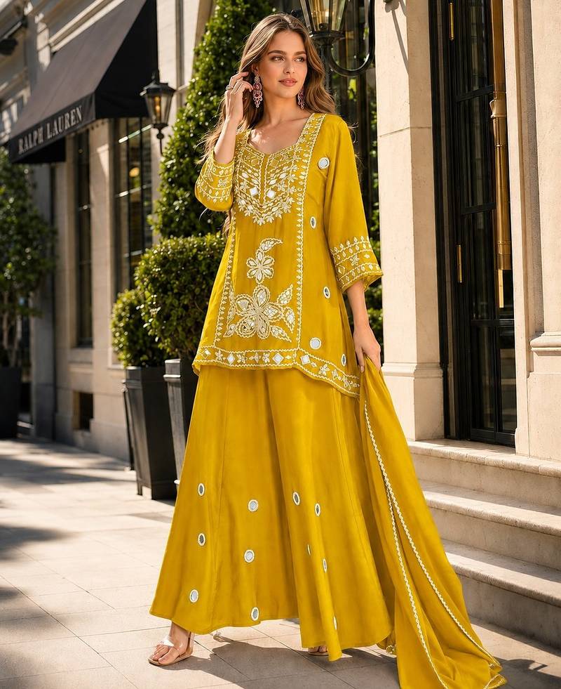 Yellow silk blend readymade suit with mirror & sequence work