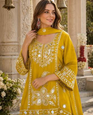 Yellow silk blend readymade suit with mirror & sequence work 2