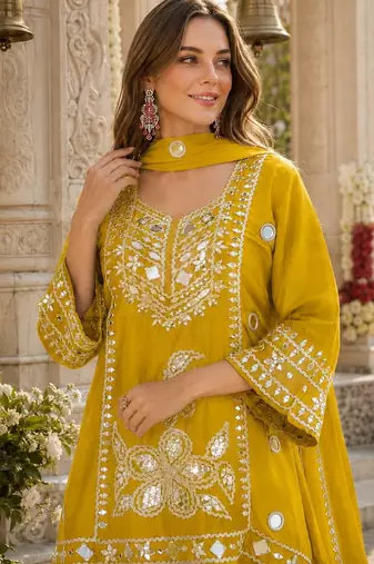 Yellow silk blend readymade suit with mirror & sequence work