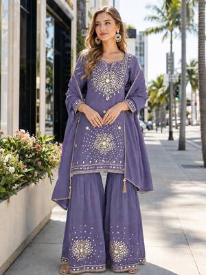 Lavender silk blend  readymade suit with real mirror & sequence work 1