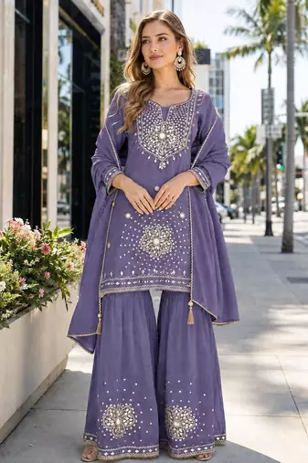 Lavender silk blend  readymade suit with real mirror & sequence work