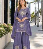 Lavender silk blend  readymade suit with real mirror & sequence work