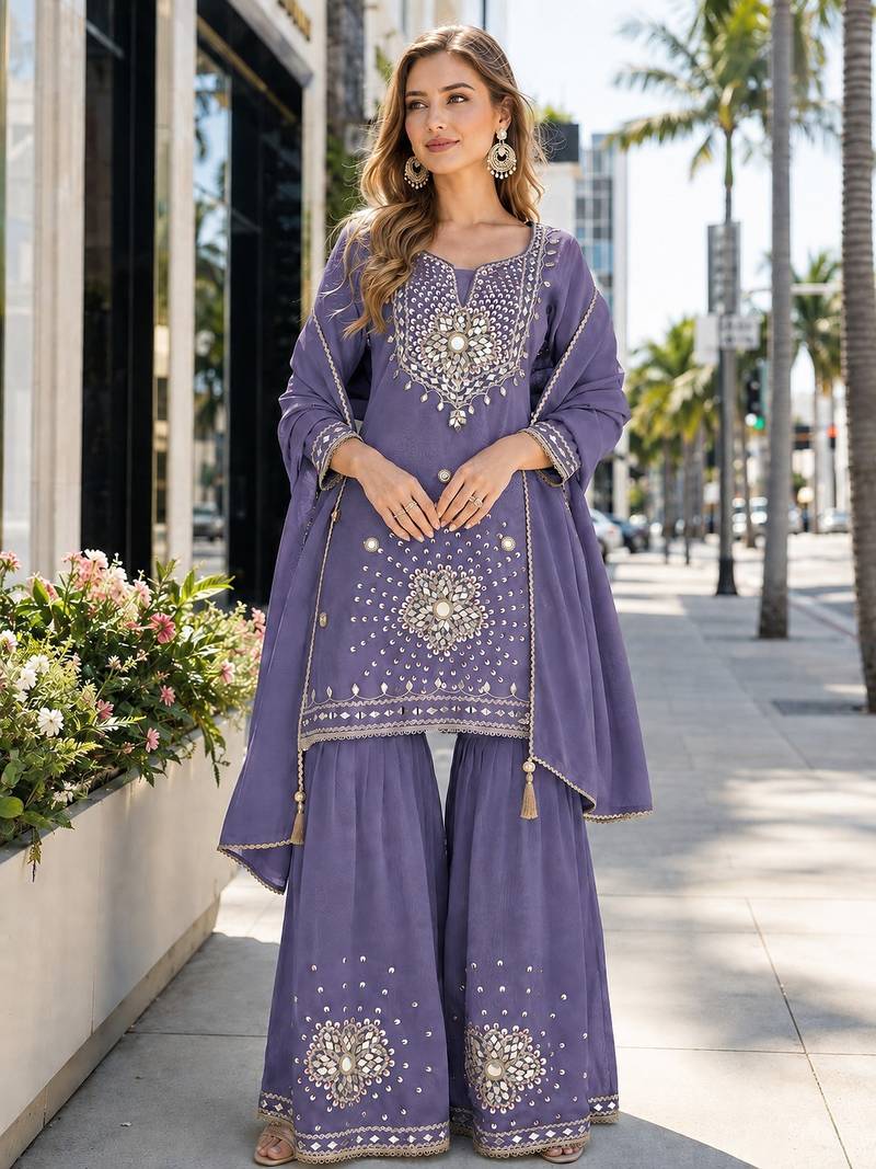 Lavender silk blend  readymade suit with real mirror & sequence work