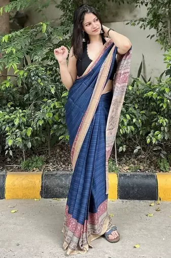 Royal blue printed georgette saree with blouse piece